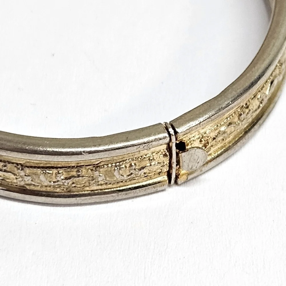 VINTAGE Two Tone Gold & Silver Tone Etched Child Cuff Bracelet Bangle